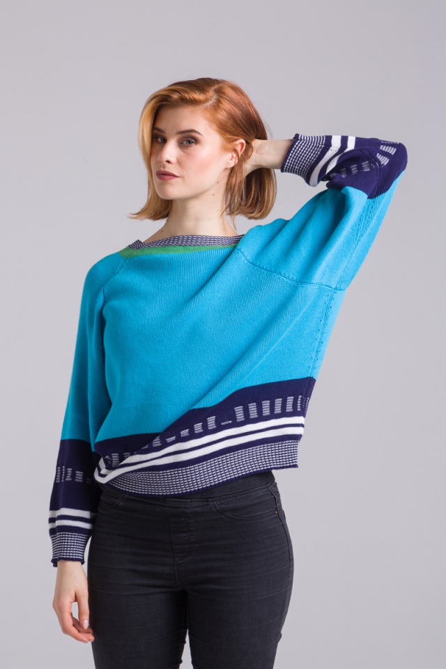 Turquoise sweater knitted unisex waste yarn