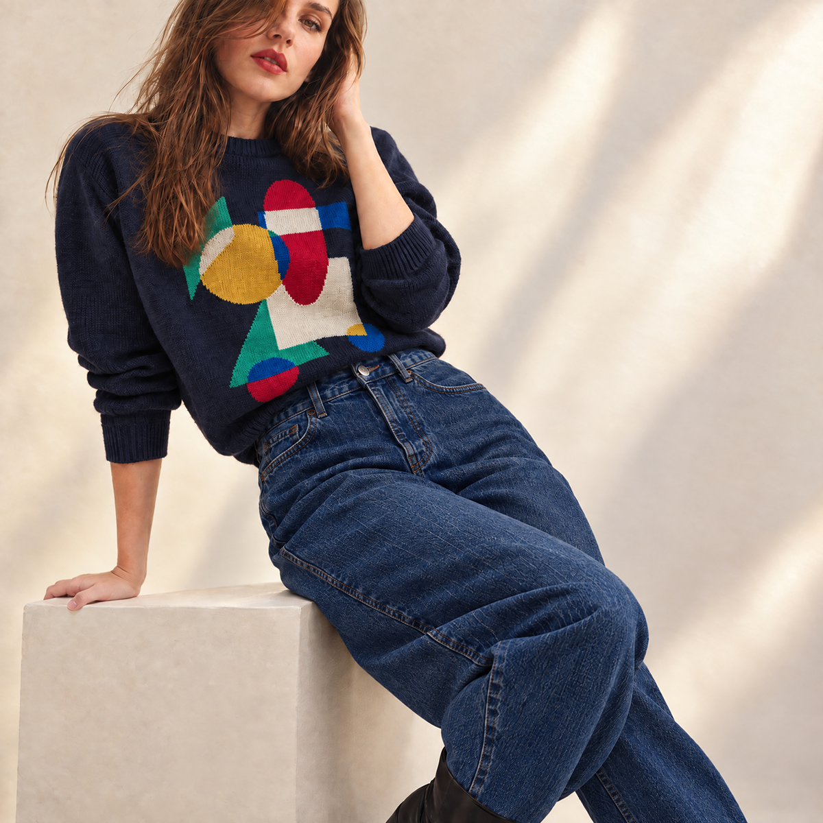 Latch jumper navy ecomm relaxed pose